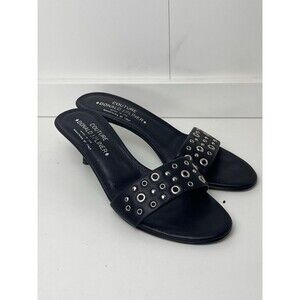 Donald J Pliner Black Kitten Heel Sandals with Silver Grommet Embellishments